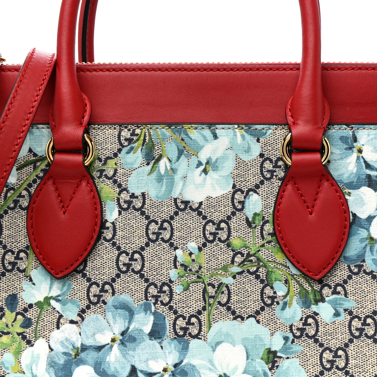 Gucci GG Supreme Monogram Blooms Small Zip Top Tote Beige Blue Navy Hibiscus Red 8 of 10