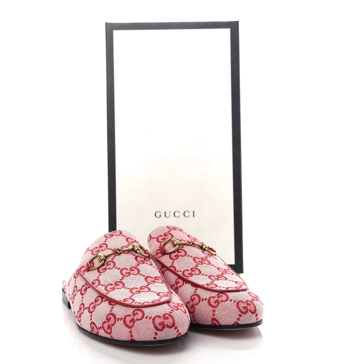 Canvas GG Monogram Horsebit Womens Princetown Slippers 37.5 Gardenia Hibiscus Red