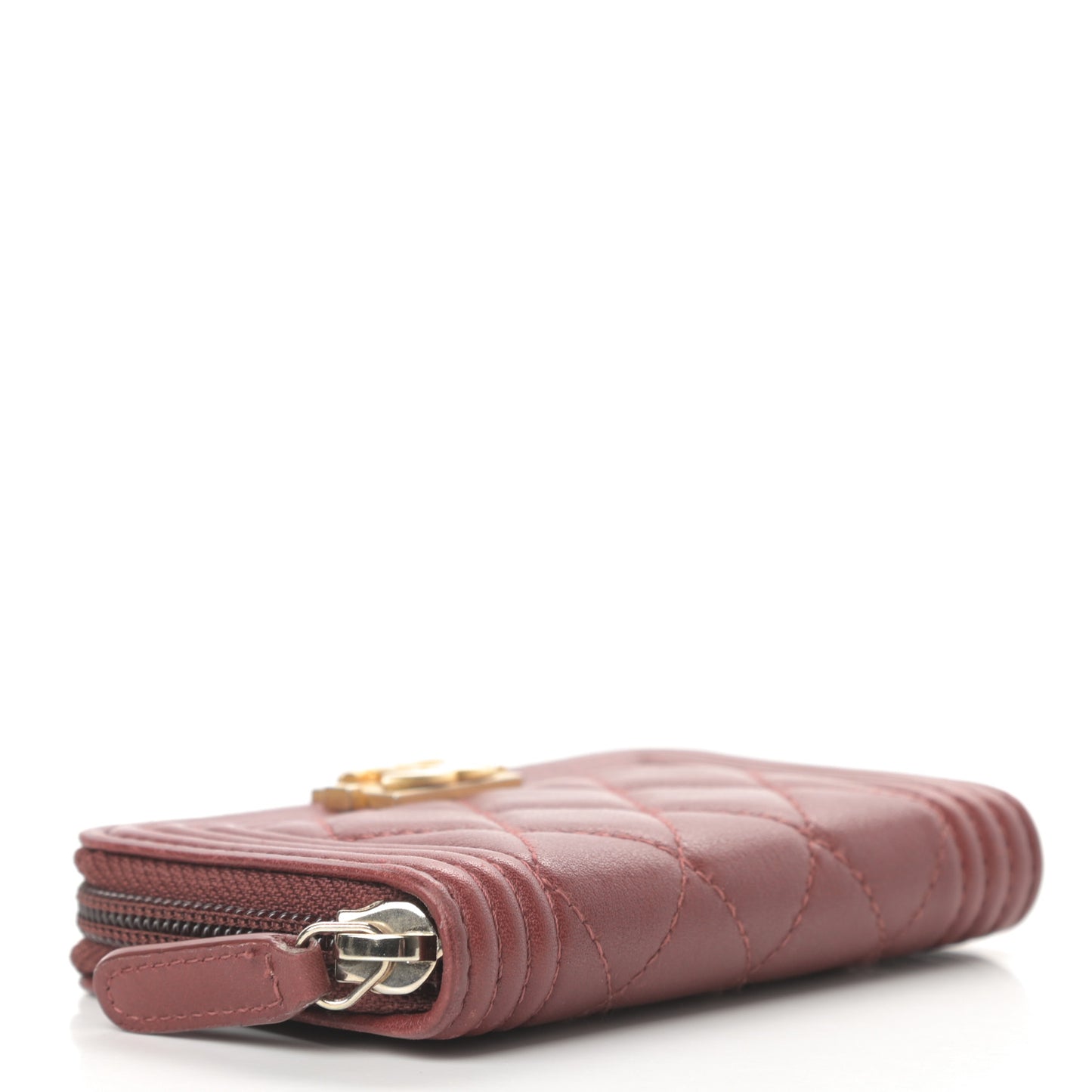 Lambskin Quilted Zip Around Boy Coin Purse Wallet Burgundy