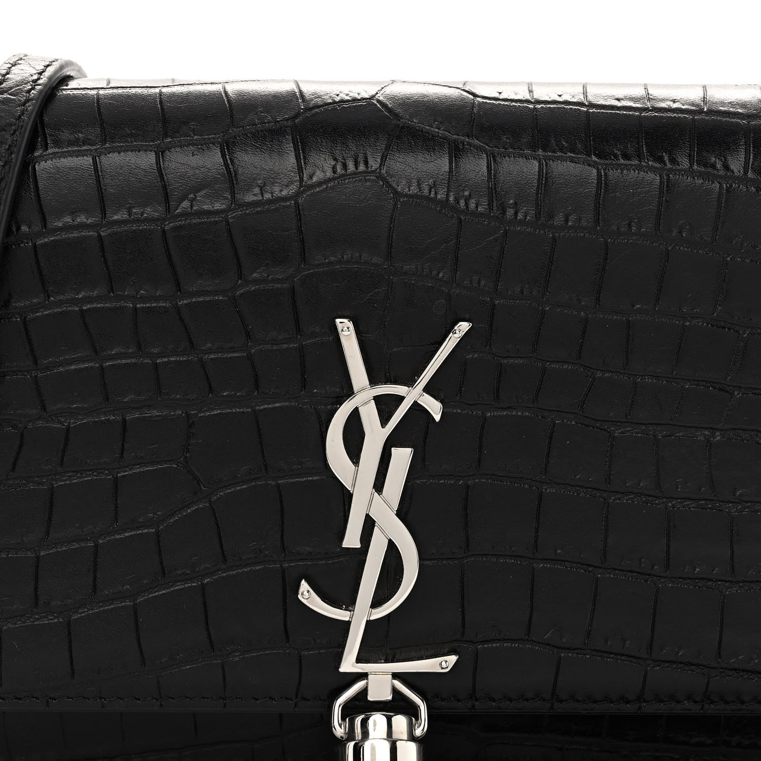 Saint Laurent Calfskin Crocodile Embossed Kate Monogram Tassel Chain Wallet Black 7 of 9