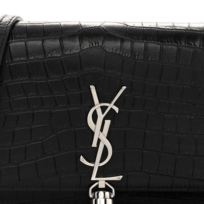 Saint Laurent Calfskin Crocodile Embossed Kate Monogram Tassel Chain Wallet Black 7 of 9