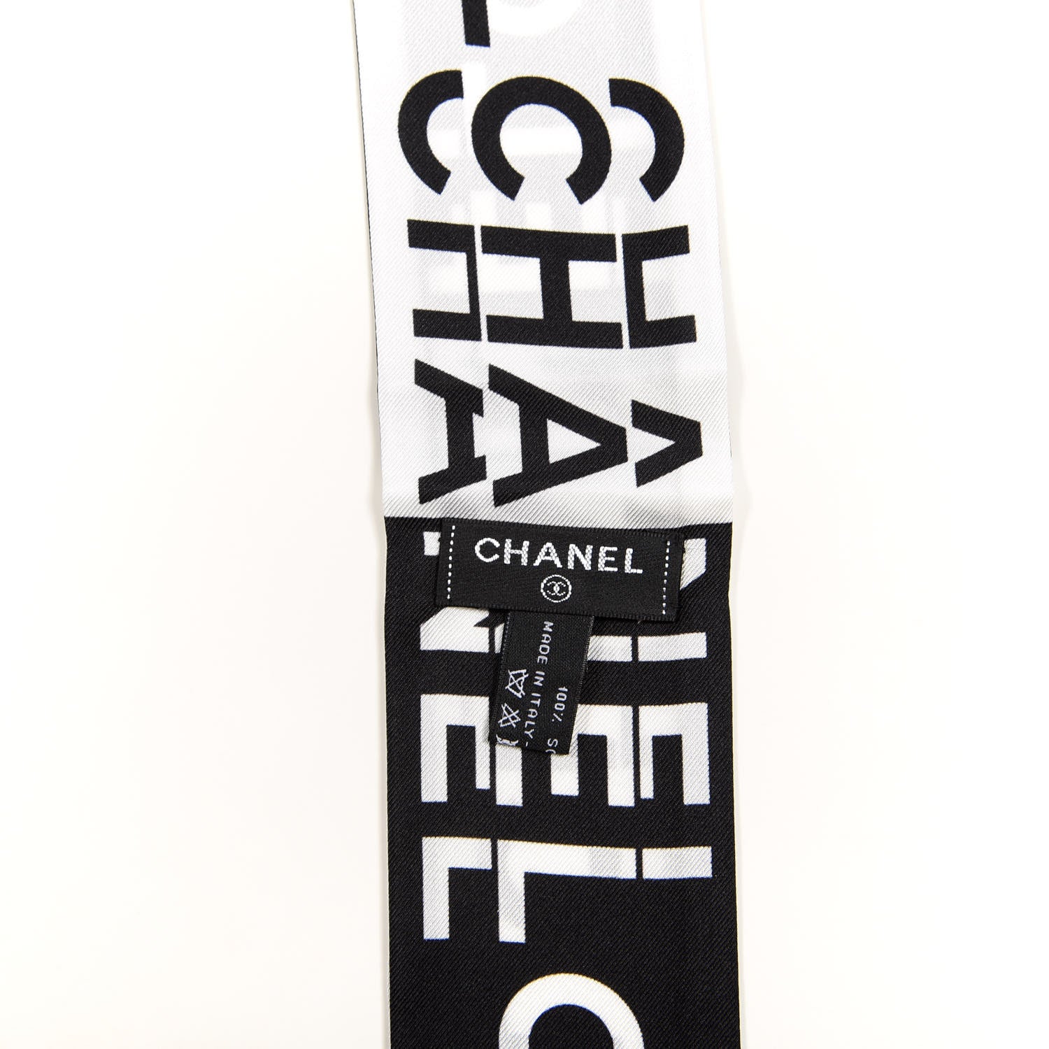 Chanel Silk Logo Slim Bandeau Scarf Black White 4 of 4