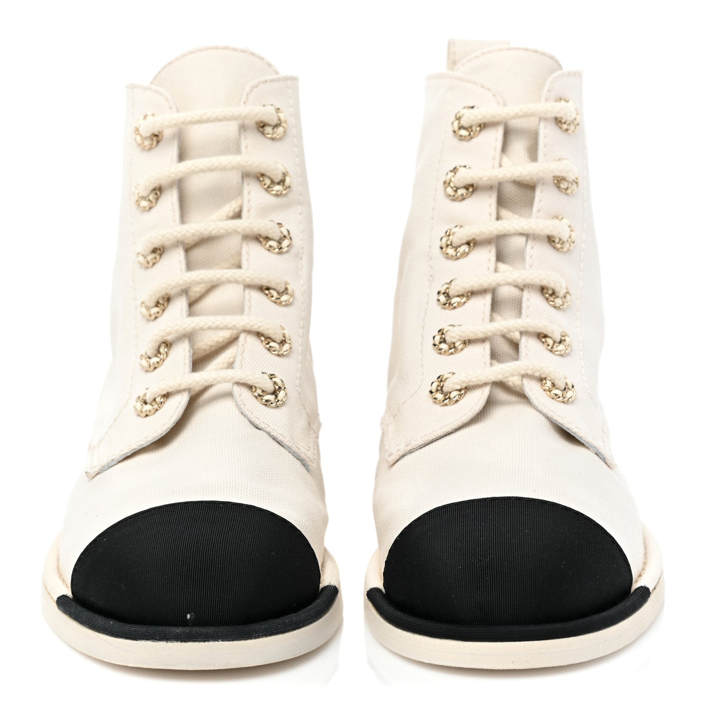 Cotton Grosgrain Cap Toe CC Lace Up Boots 39 White Black