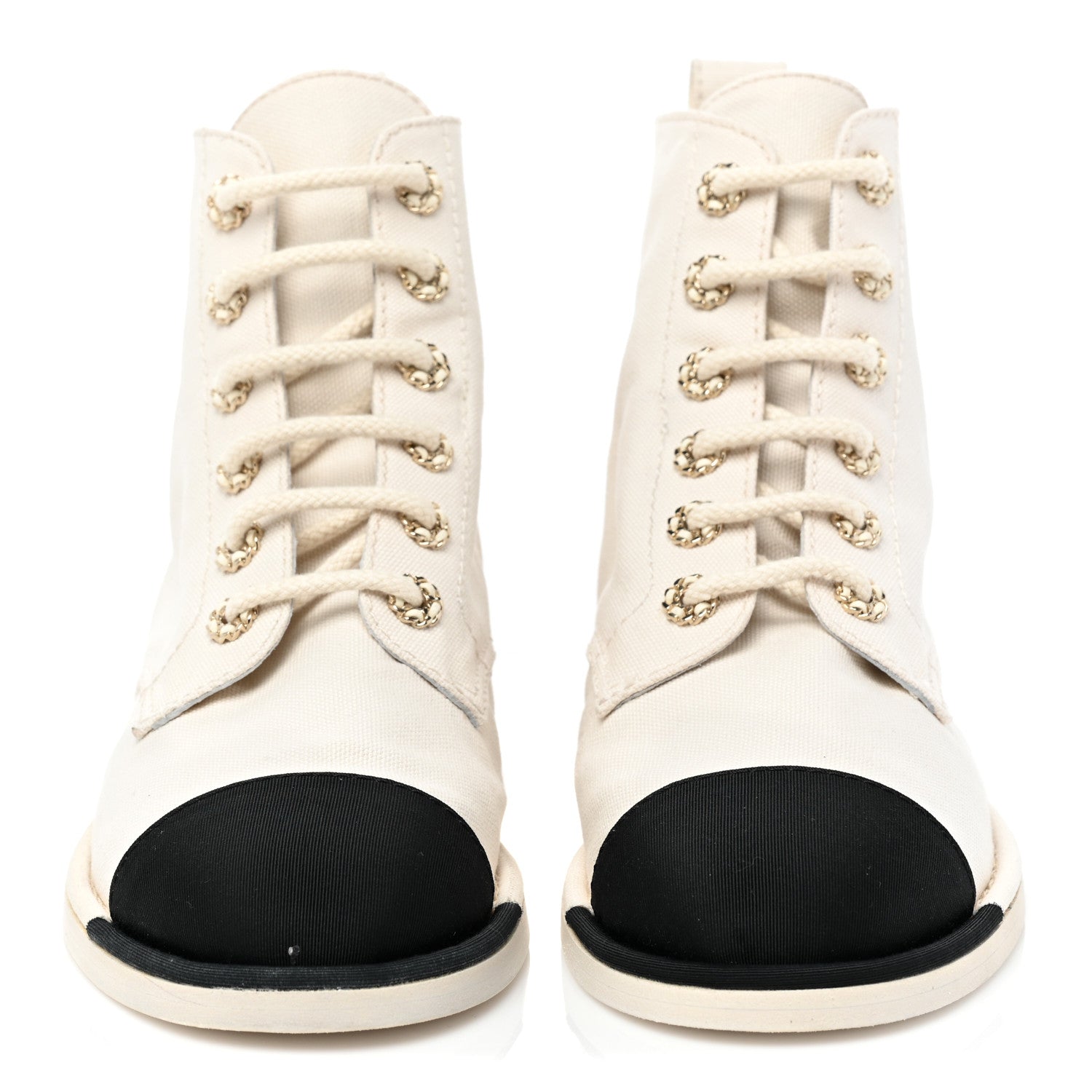 Chanel Cotton Grosgrain Cap Toe CC Lace Up Boots 39 White Black 2 of 10