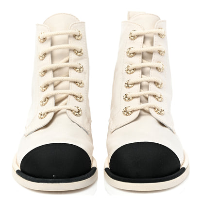 Chanel Cotton Grosgrain Cap Toe CC Lace Up Boots 39 White Black 2 of 10