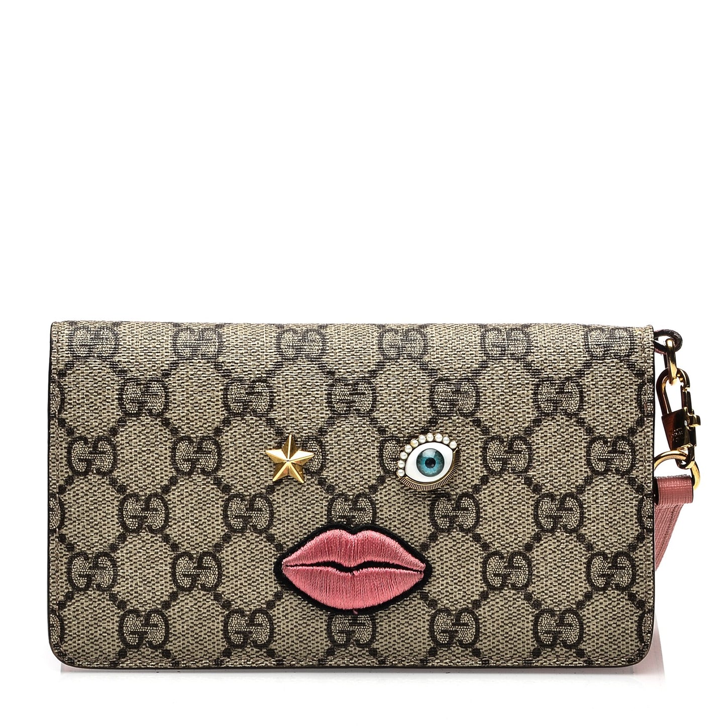 GG Supreme Monogram Embroidered Face iPhone 6 Case Wristlet Pink