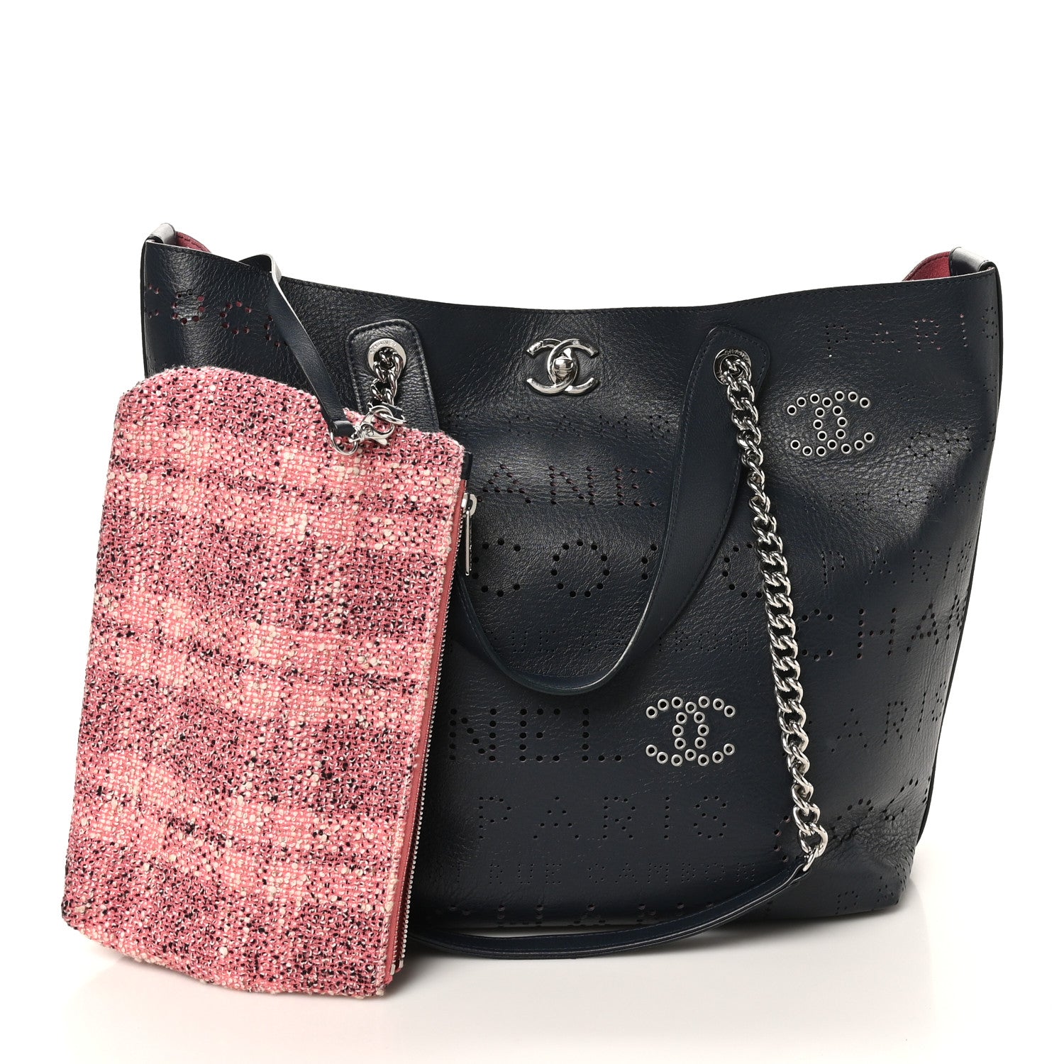 Chanel Calfskin Tweed Small Logo Eyelets Shopping Tote Navy Blue 2 of 15