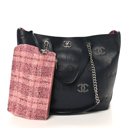 Chanel Calfskin Tweed Small Logo Eyelets Shopping Tote Navy Blue 2 of 15
