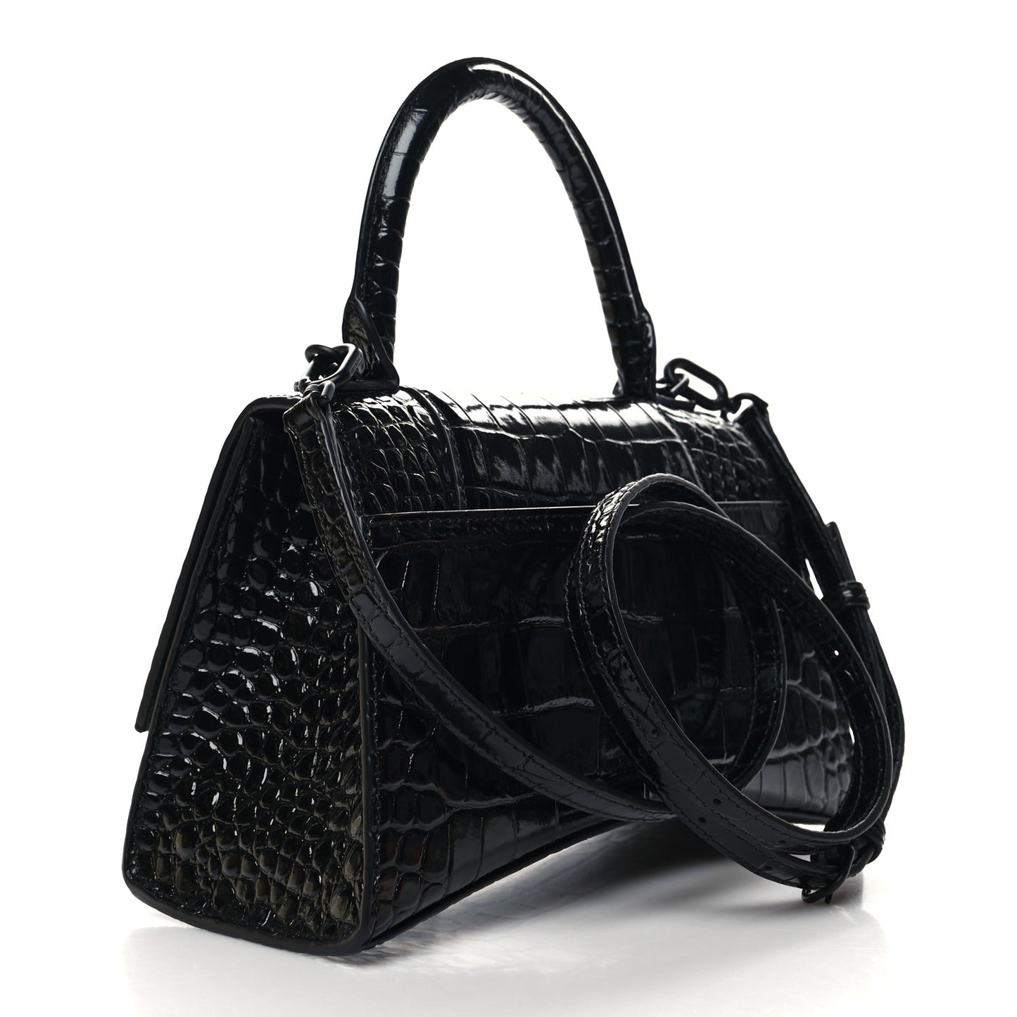 Shiny Calfskin Monochrome Crocodile Embossed Small Hourglass Top Handle Bag Black