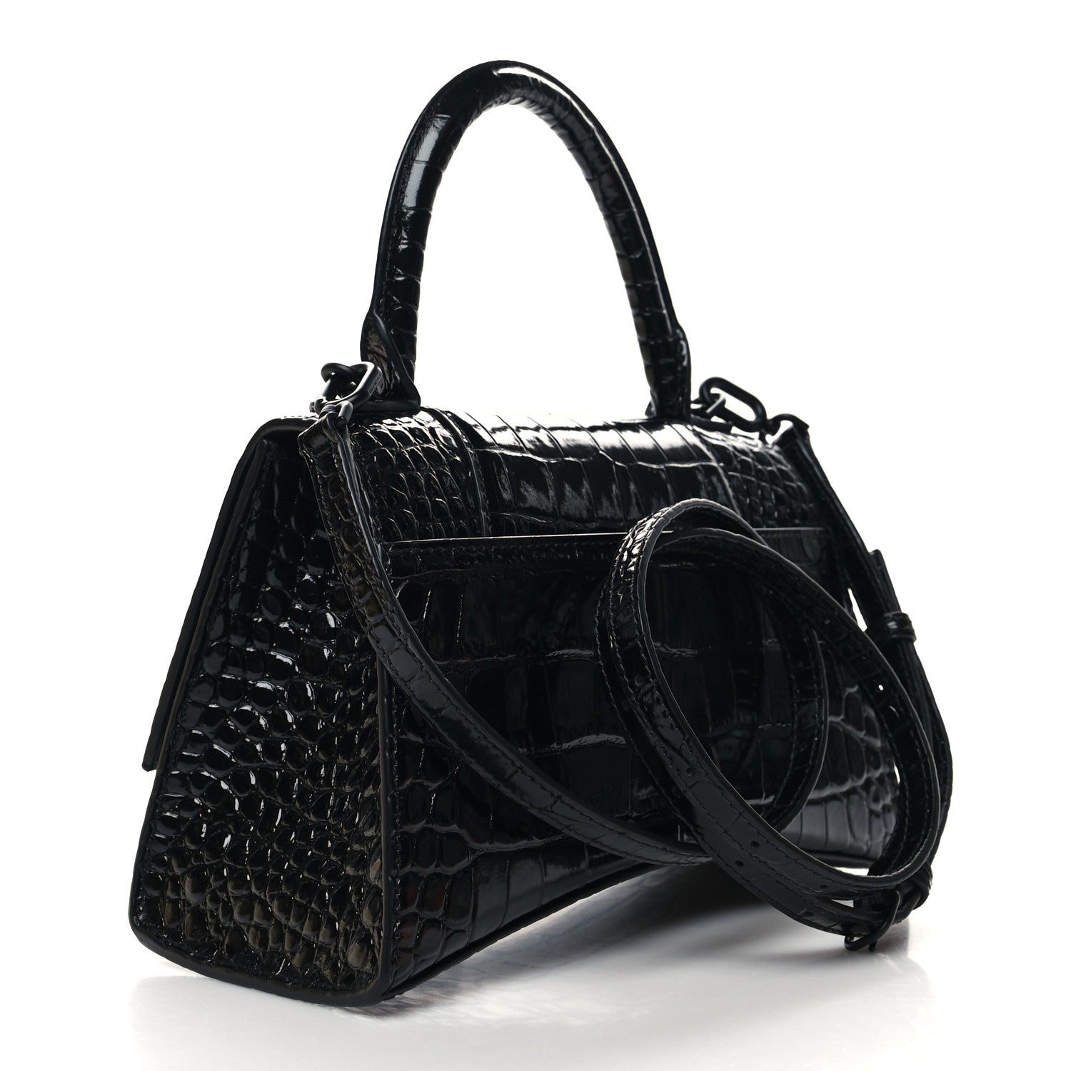 Balenciaga Shiny Calfskin Monochrome Crocodile Embossed Small Hourglass Top Handle Bag Black 3 of 10
