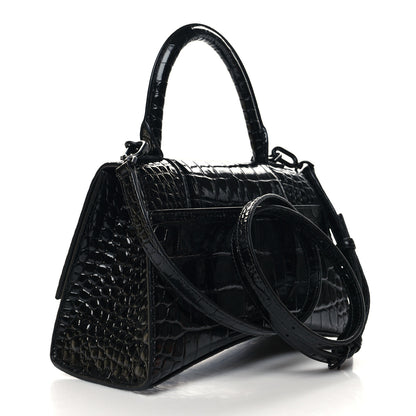 Balenciaga Shiny Calfskin Monochrome Crocodile Embossed Small Hourglass Top Handle Bag Black 3 of 10