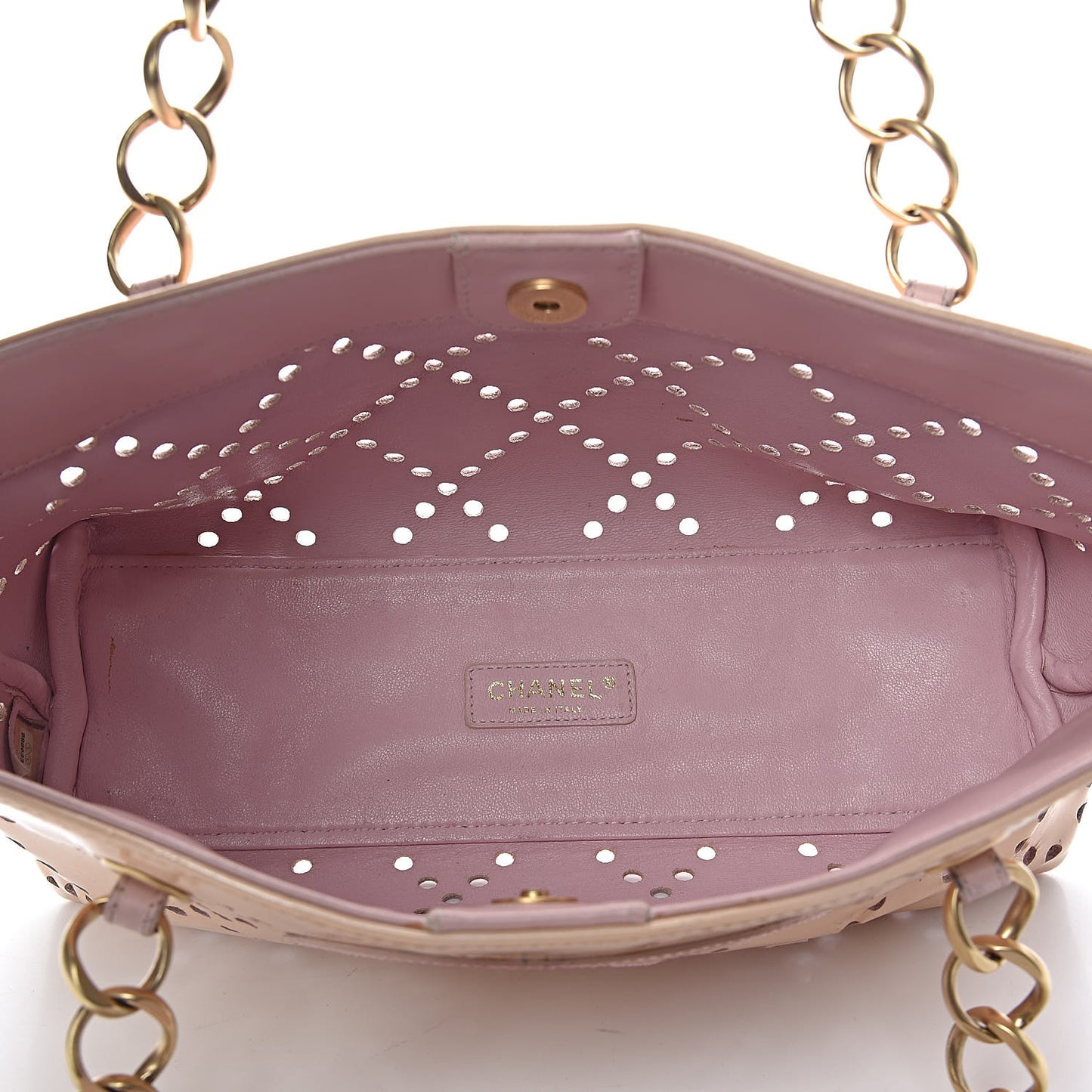 Patent Perforated CC Shopping Tote Beige