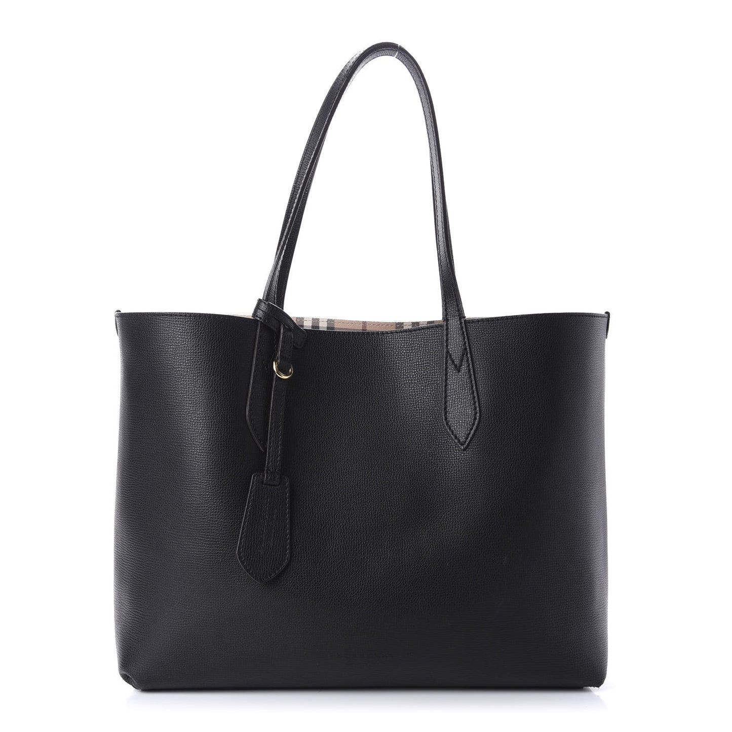 Grainy Calfskin Haymarket Check Medium Reversible Tote Black