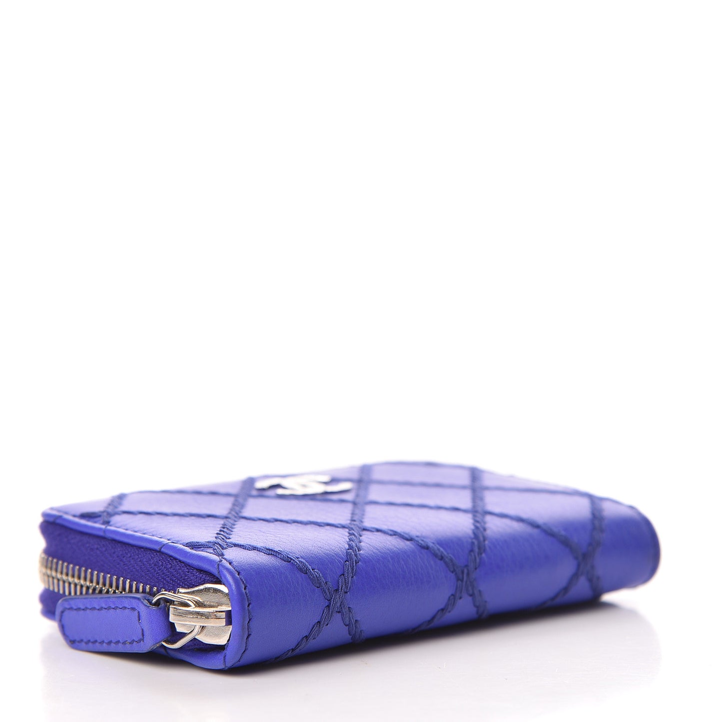 Calfskin Stitched Fancy CC Zip Coin Purse Blue