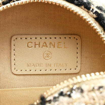 Chanel Tweed Shearling Quilted Round Clutch With Chain and Coin Purse Beige Black 7 of 11