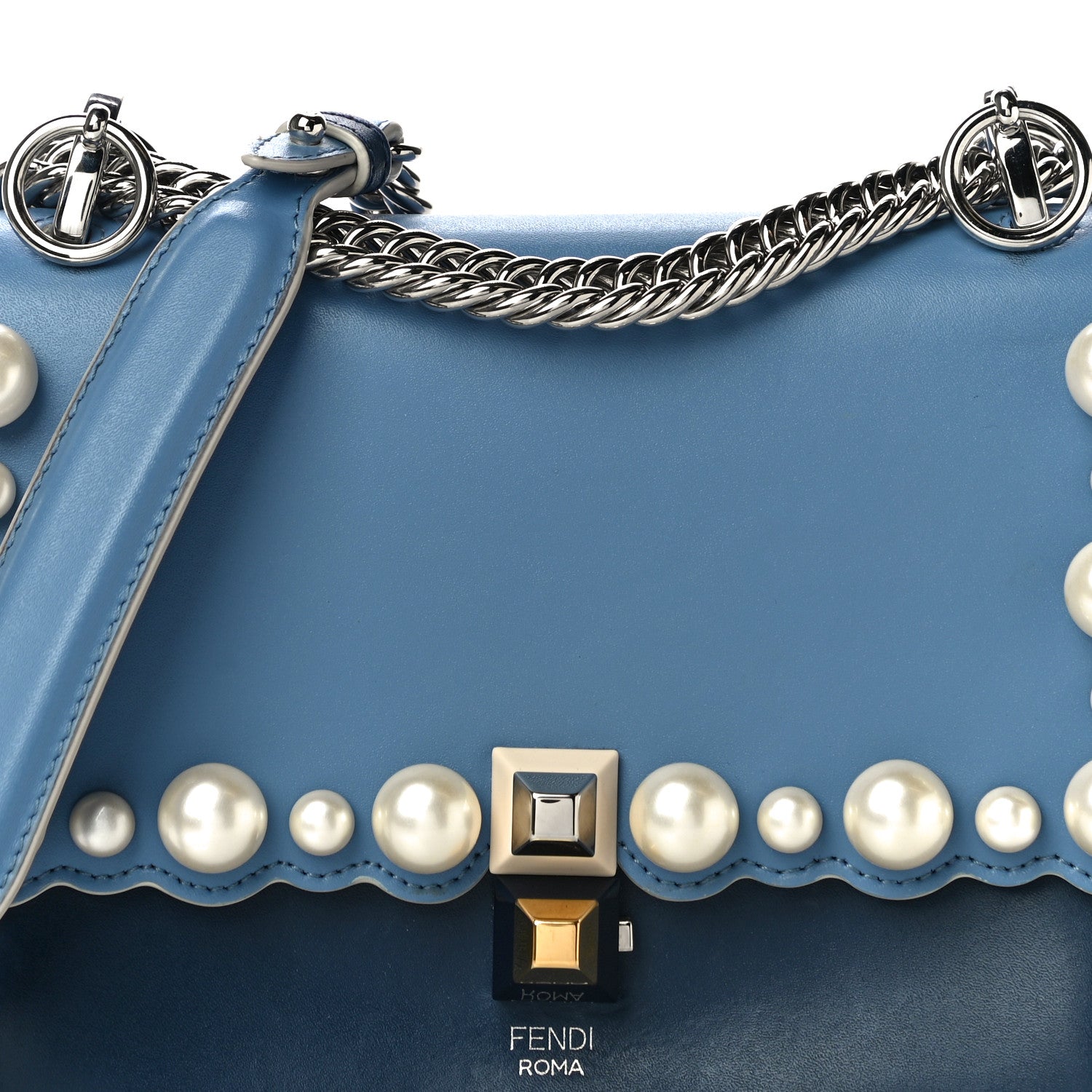 Fendi Vitello Liberty Pearl Scalloped Small Kan I Shoulder Bag Nebula Blu Scuro 7 of 10