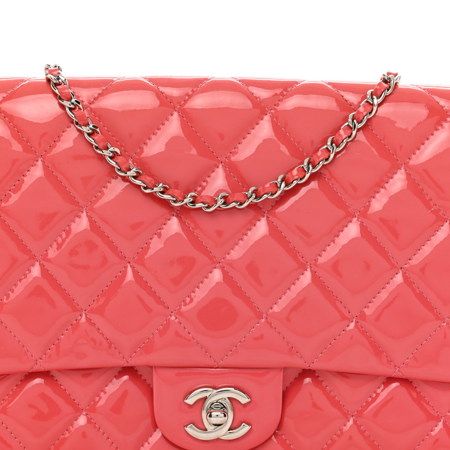 Patent Quilted Clutch with Chain Flap Fuchsia