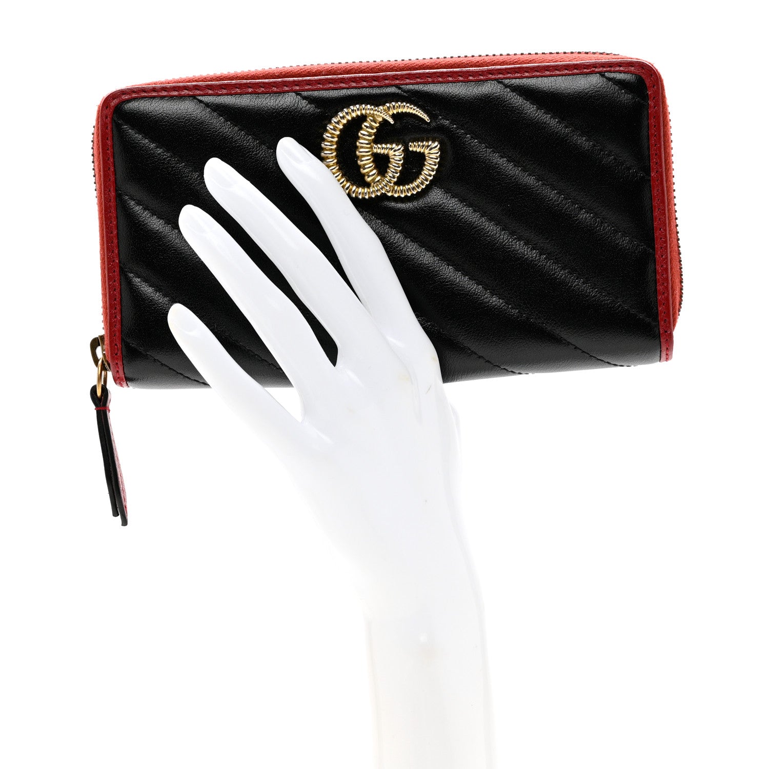 Gucci Vintage Effect Calfskin Matelasse Diagonal Torchon GG Marmont Zip Around Wallet Black Romantic Cherry 2 of 9