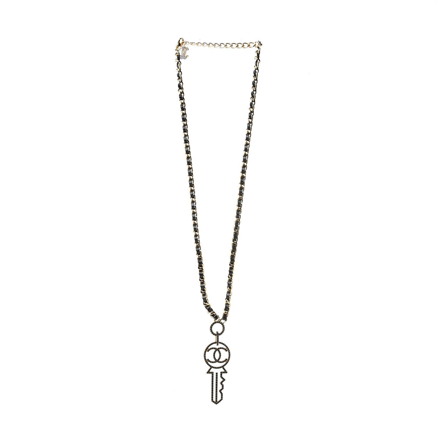 Chanel Patent Crystal Key Necklace Gold Black 3 of 5