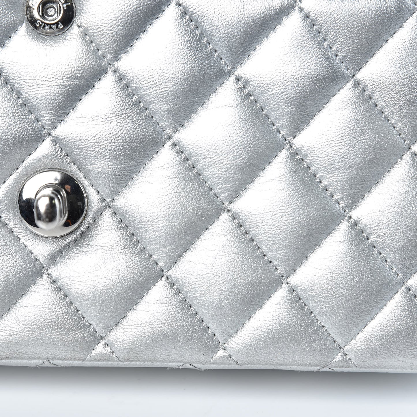Metallic Lambskin Quilted Medium Double Flap Silver