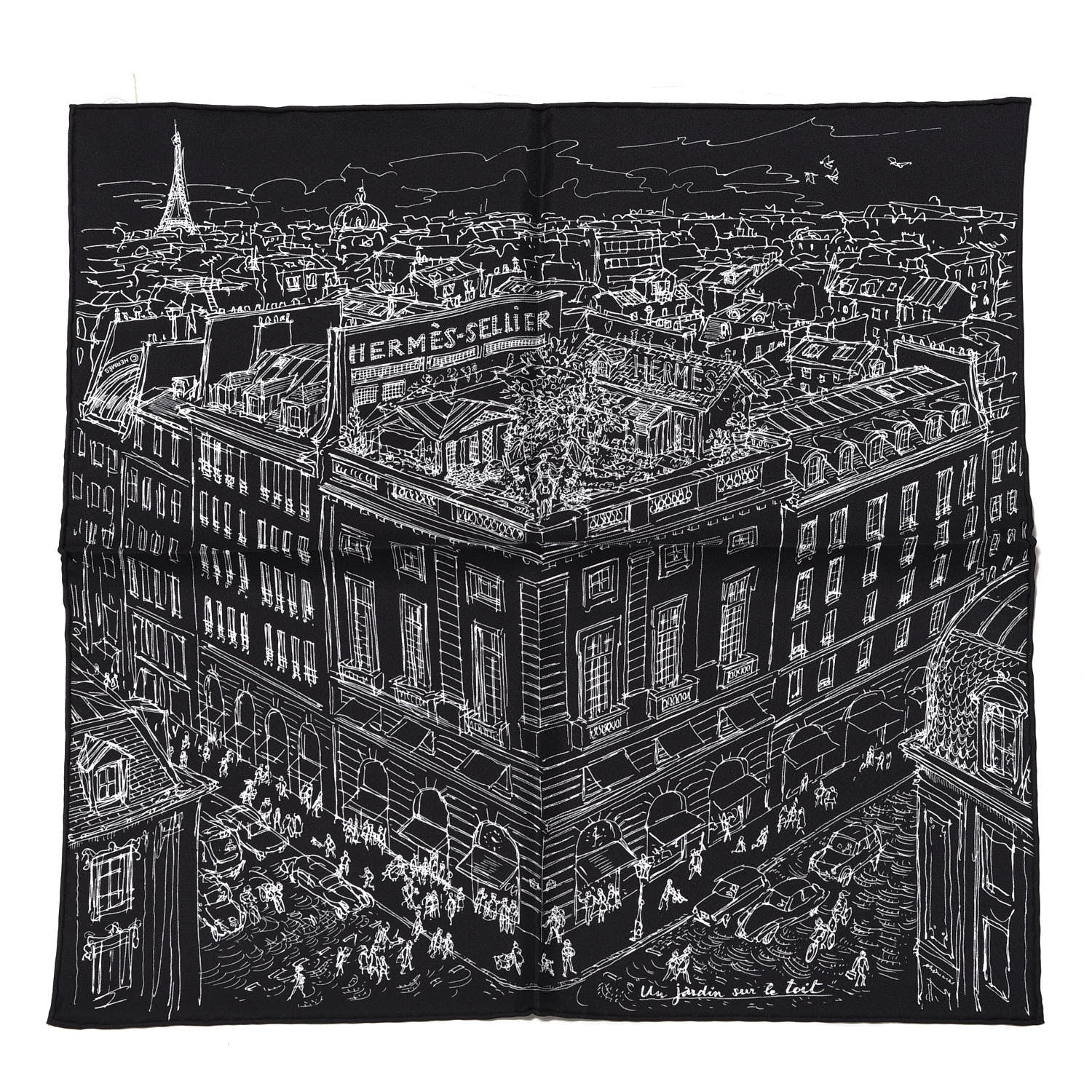 Hermes Silk Un Jardin Sur Le Toit Pocket Square Black White 1 of 3
