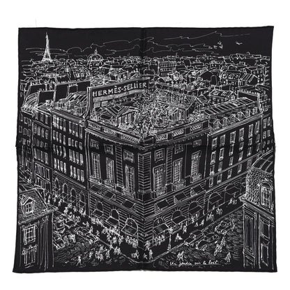 Hermes Silk Un Jardin Sur Le Toit Pocket Square Black White 1 of 3