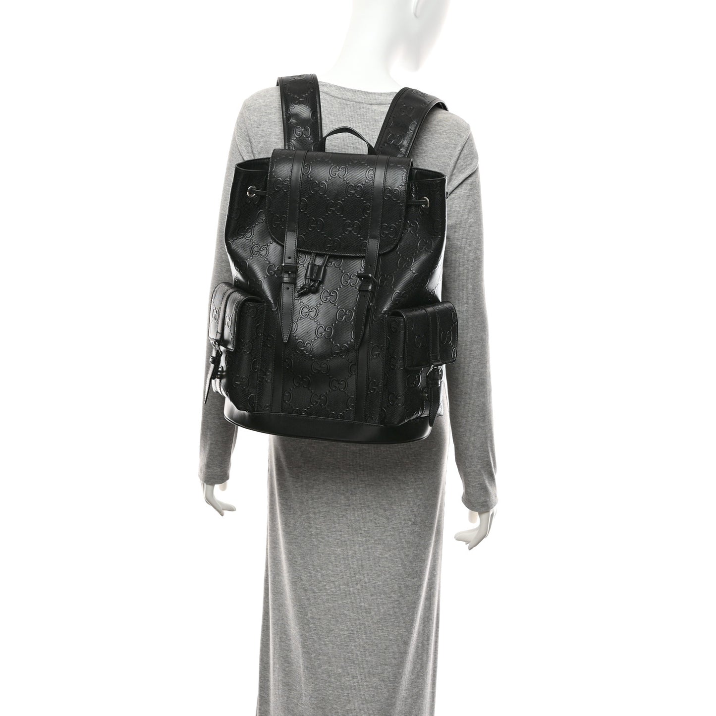 Calfskin GG Tennis Embossed Double Buckle Backpack Black
