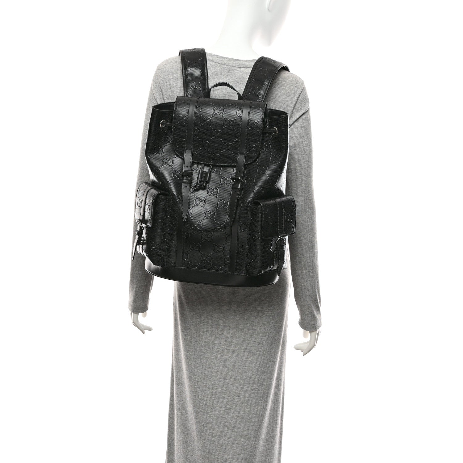 Gucci Calfskin GG Tennis Embossed Double Buckle Backpack Black 2 of 11