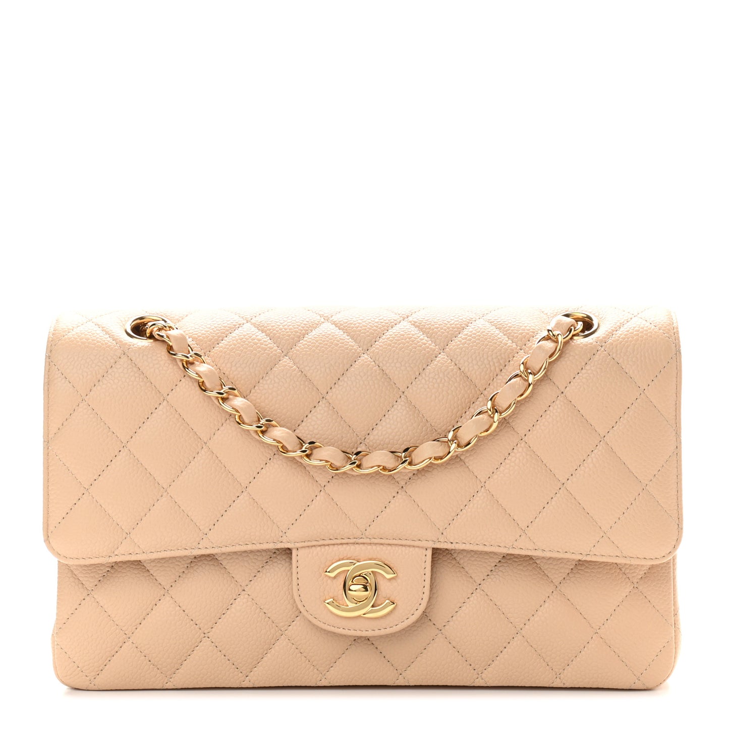 Caviar Quilted Medium Double Flap Beige