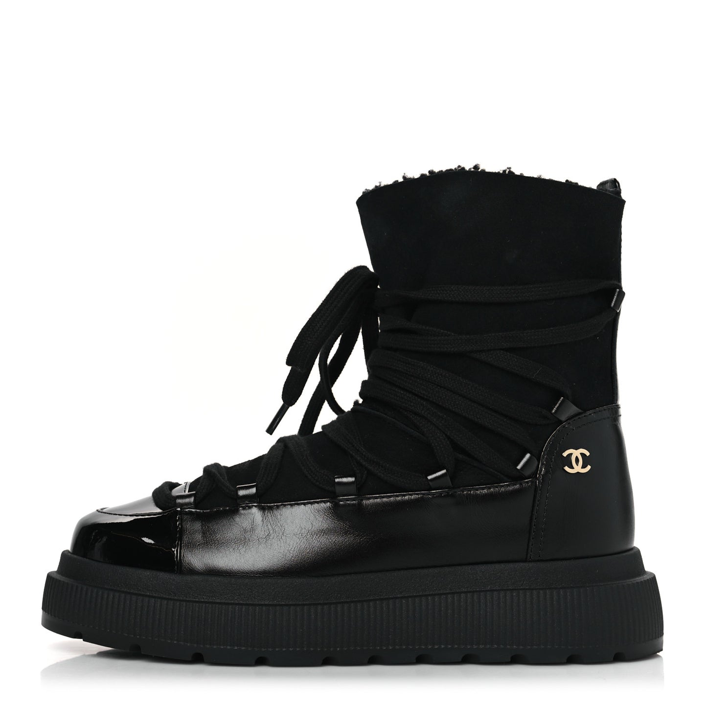 Lambskin Patent Cap Toe Lace Up Boots 38.5 Black