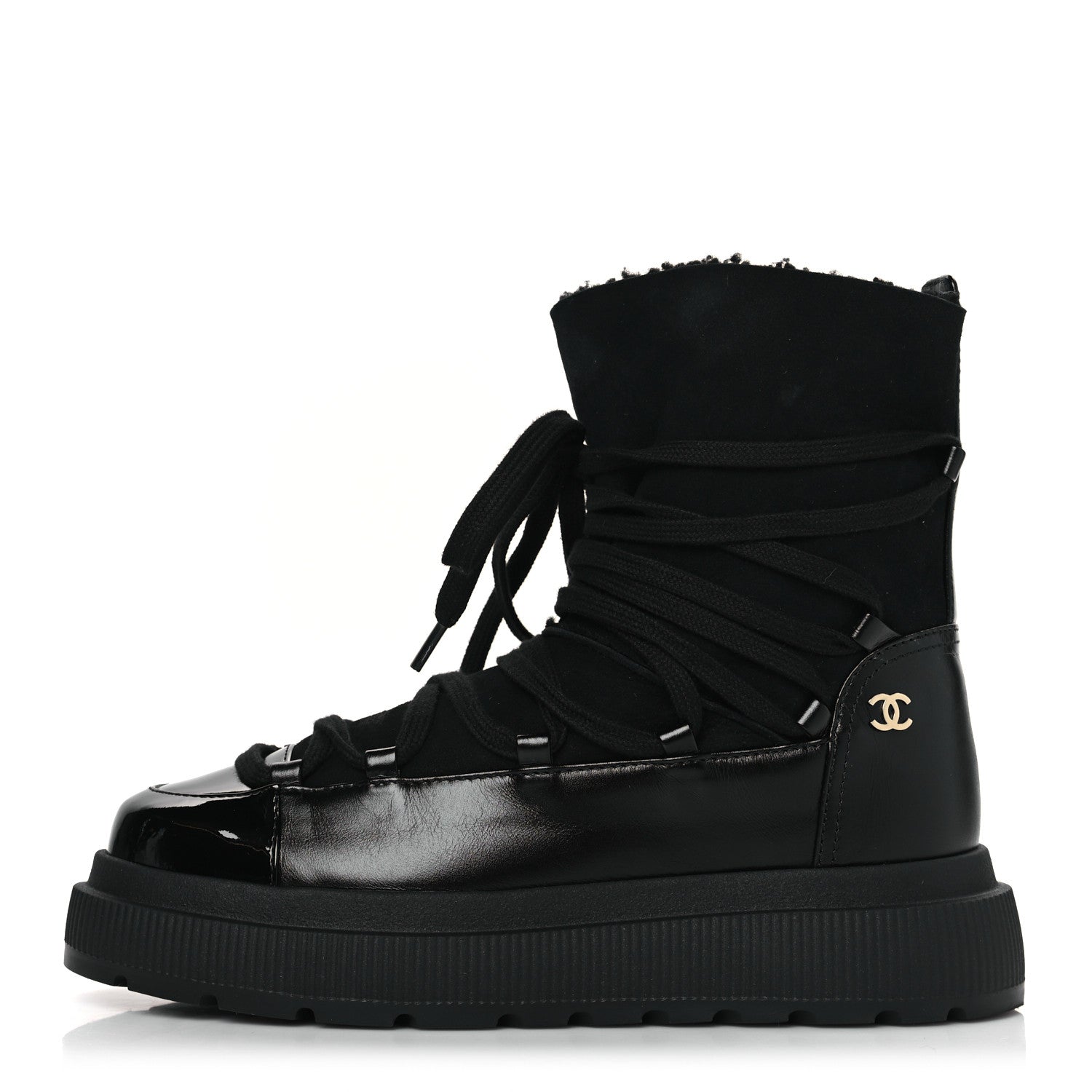 Chanel Lambskin Patent Cap Toe Lace Up Boots 38.5 Black 1 of 7