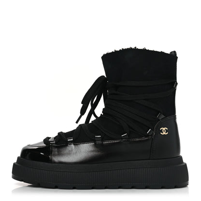 Chanel Lambskin Patent Cap Toe Lace Up Boots 38.5 Black 1 of 7