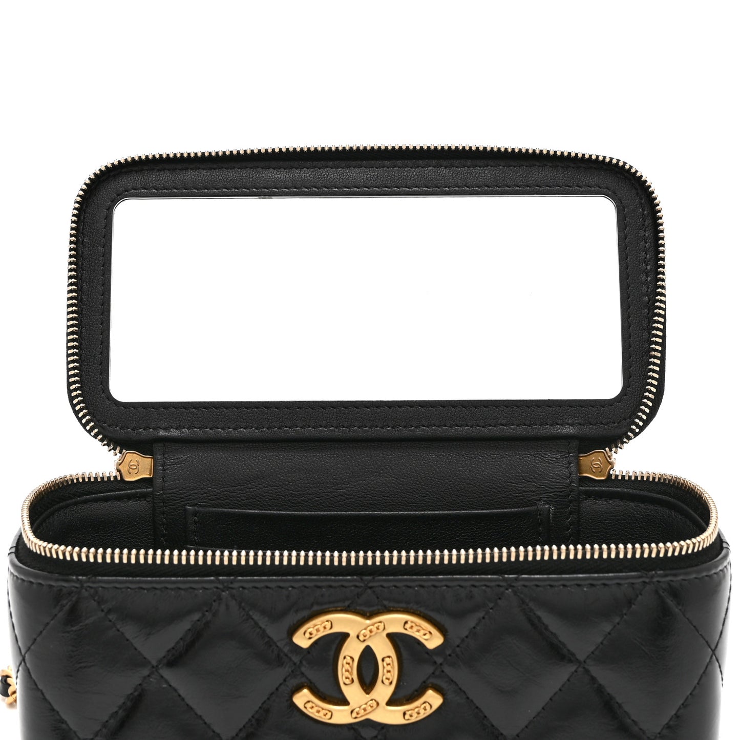 Shiny Lambskin Quilted Small Vanity Case With Chain Black