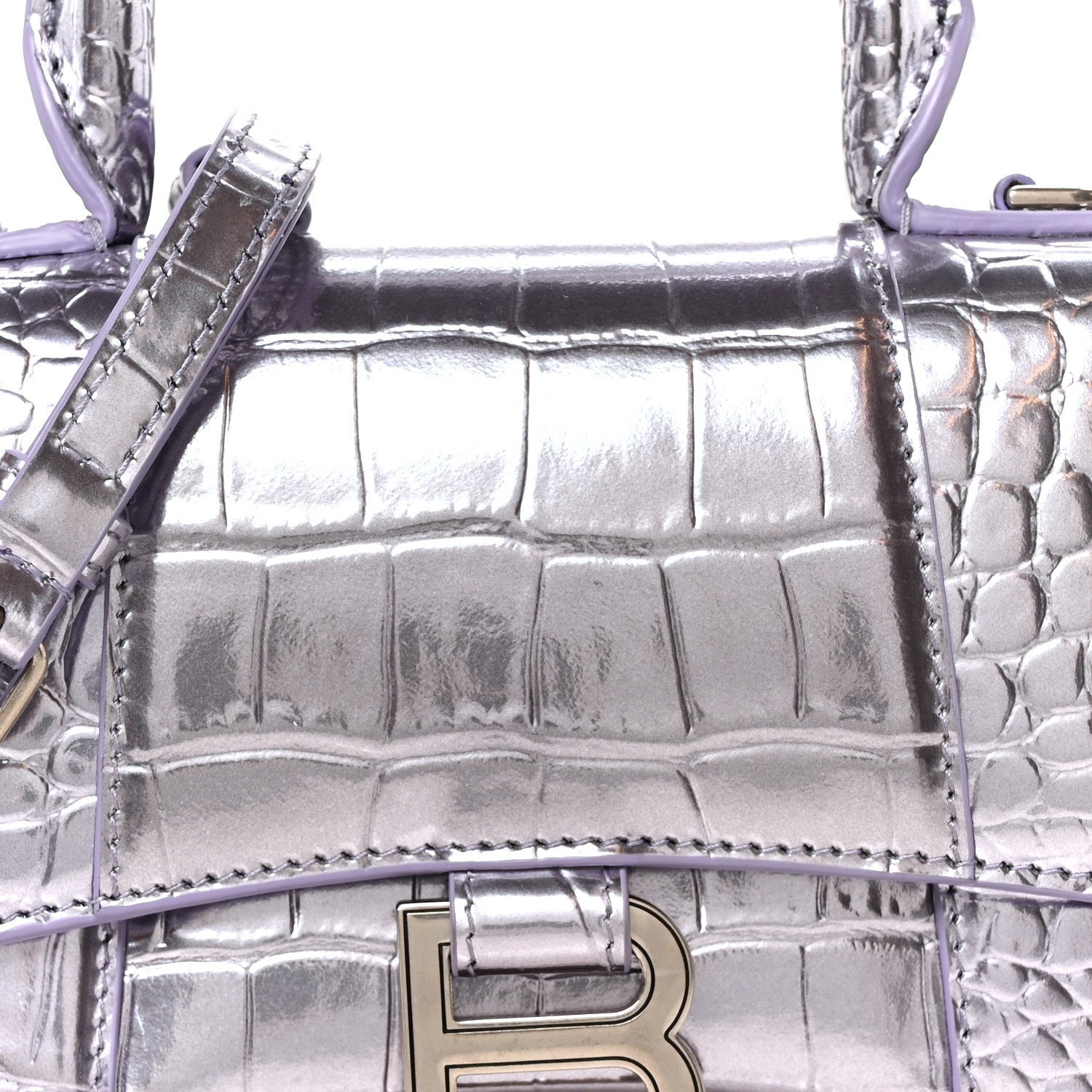 Balenciaga Metallic Calfskin Crocodile Embossed Hourglass Top Handle Bag XS Lilac 9 of 11