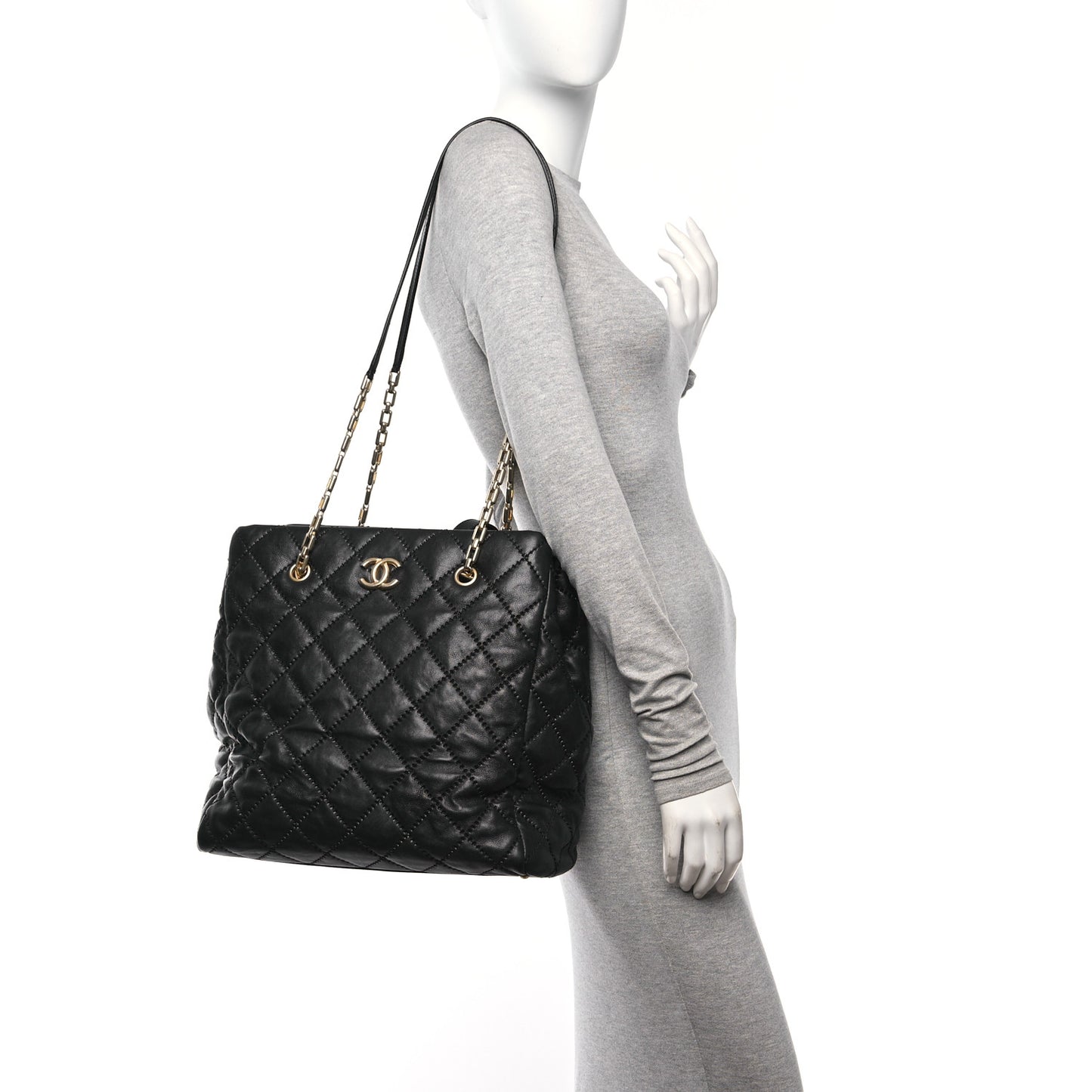 Calfskin Quilted Large Retro Chain Tote Black
