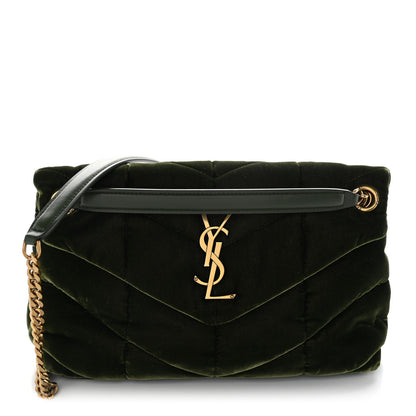 Saint Laurent Velvet Quilted Small Loulou Puffer Monogram Chain Satchel Kaki Musk 1 of 9
