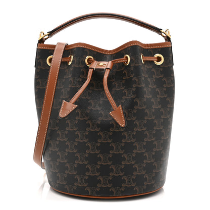 Celine Triomphe Canvas Calfskin Clara Drawstring Bucket Bag Tan 1 of 11