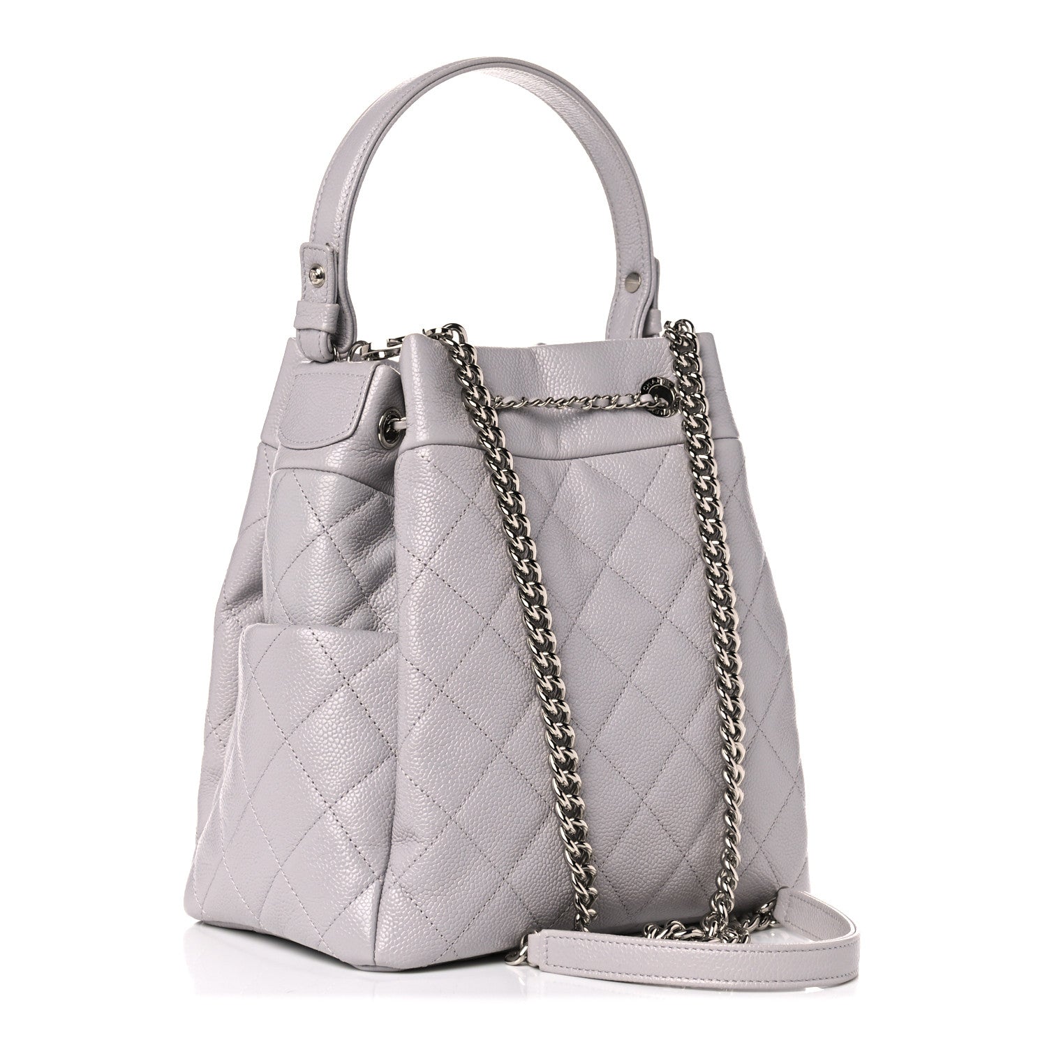 Chanel Caviar Flat Quilted CC Chain Bucket Drawstring Bag Light Grey 3 of 10