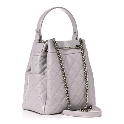 Chanel Caviar Flat Quilted CC Chain Bucket Drawstring Bag Light Grey 3 of 10