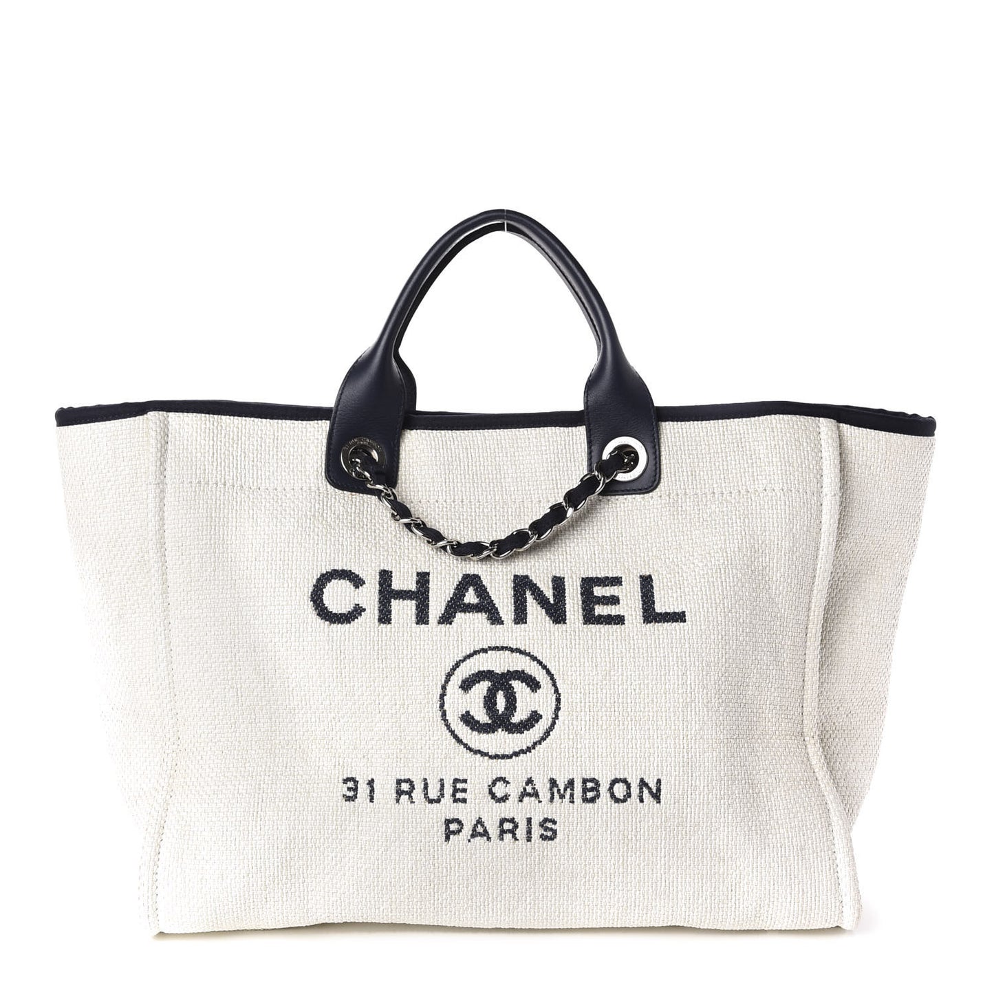 Woven Straw Raffia Medium Deauville Tote White Navy