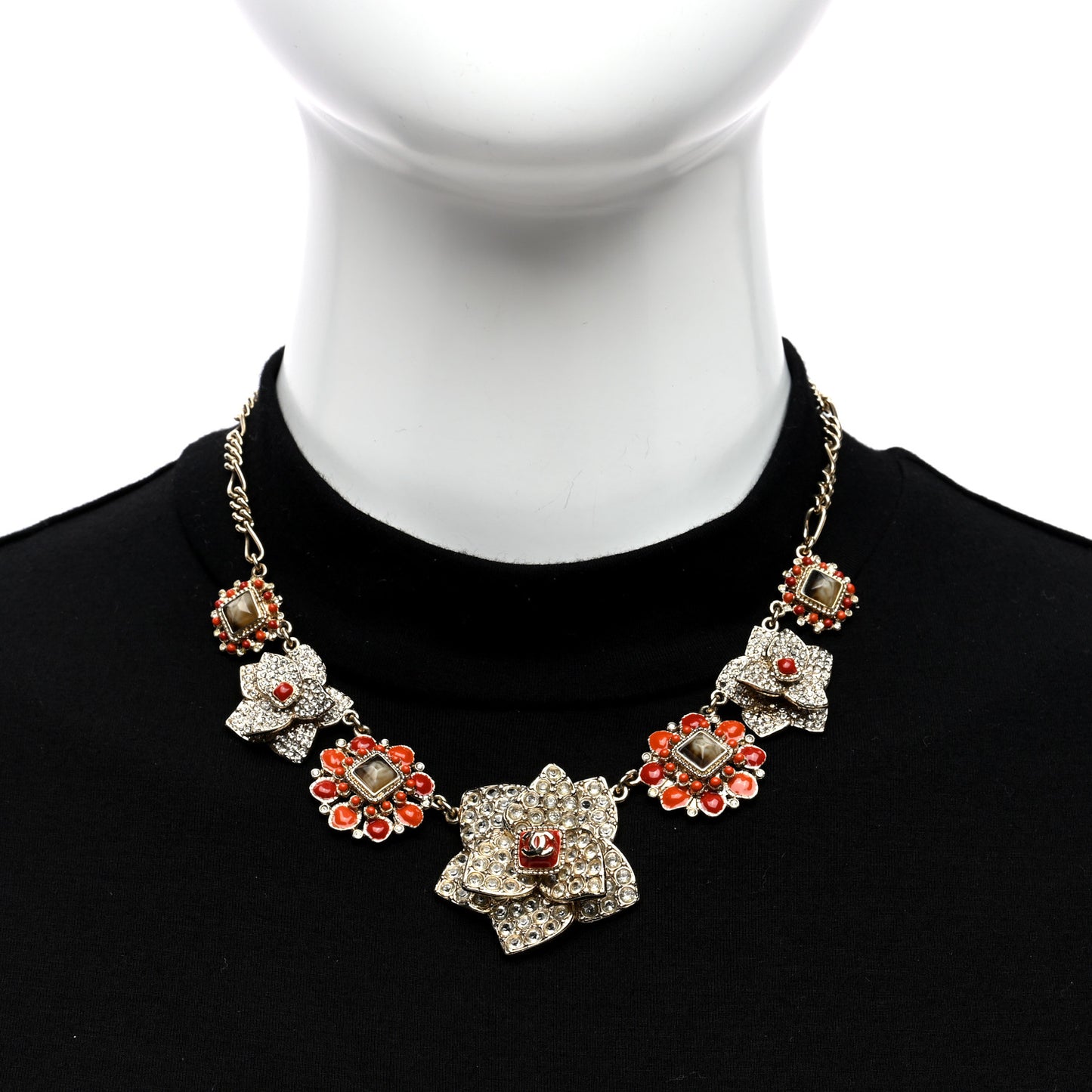 Crystal Gripoix CC Flower Cluster Necklace Gold Red Orange