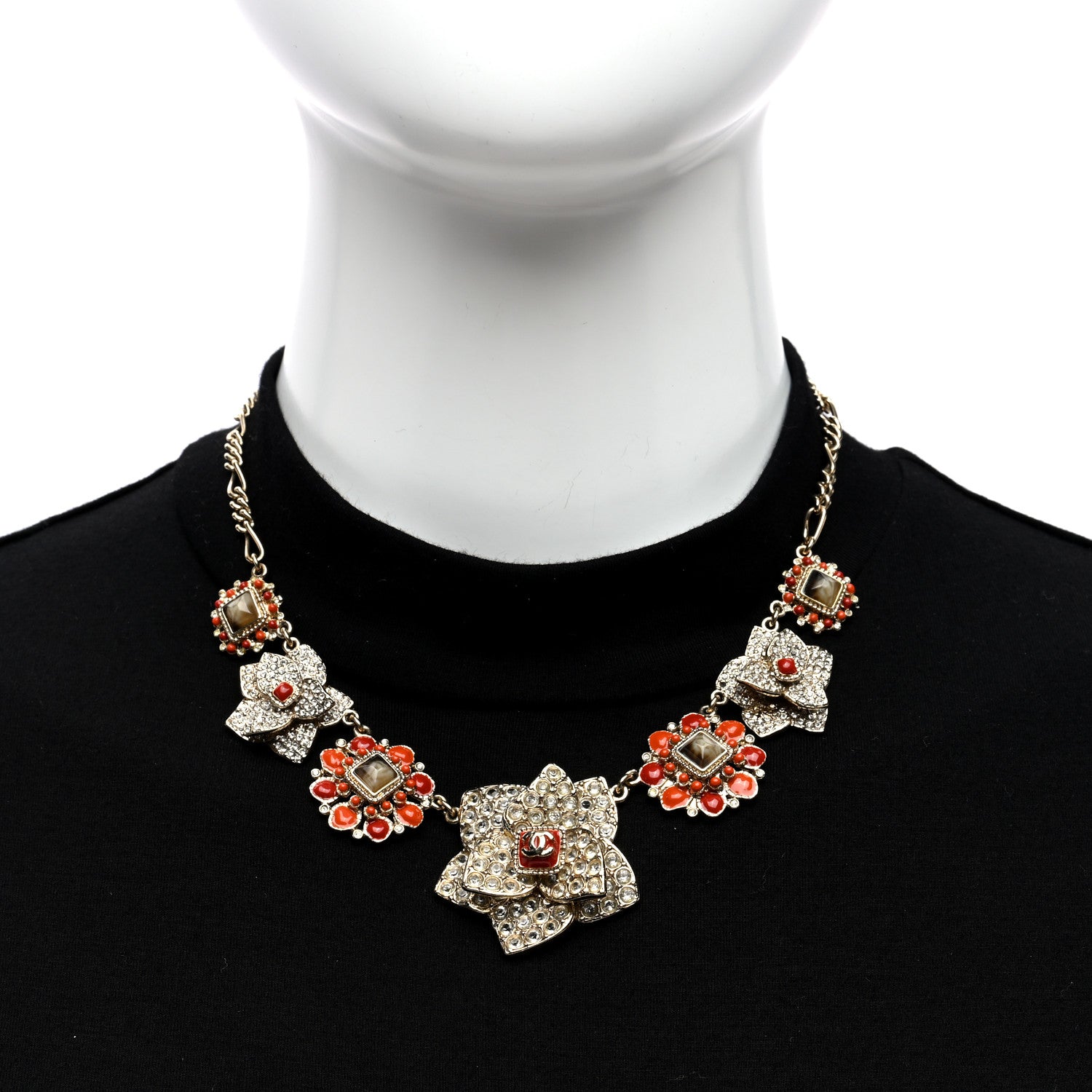 Chanel Crystal Gripoix CC Flower Cluster Necklace Gold Red Orange 2 of 5