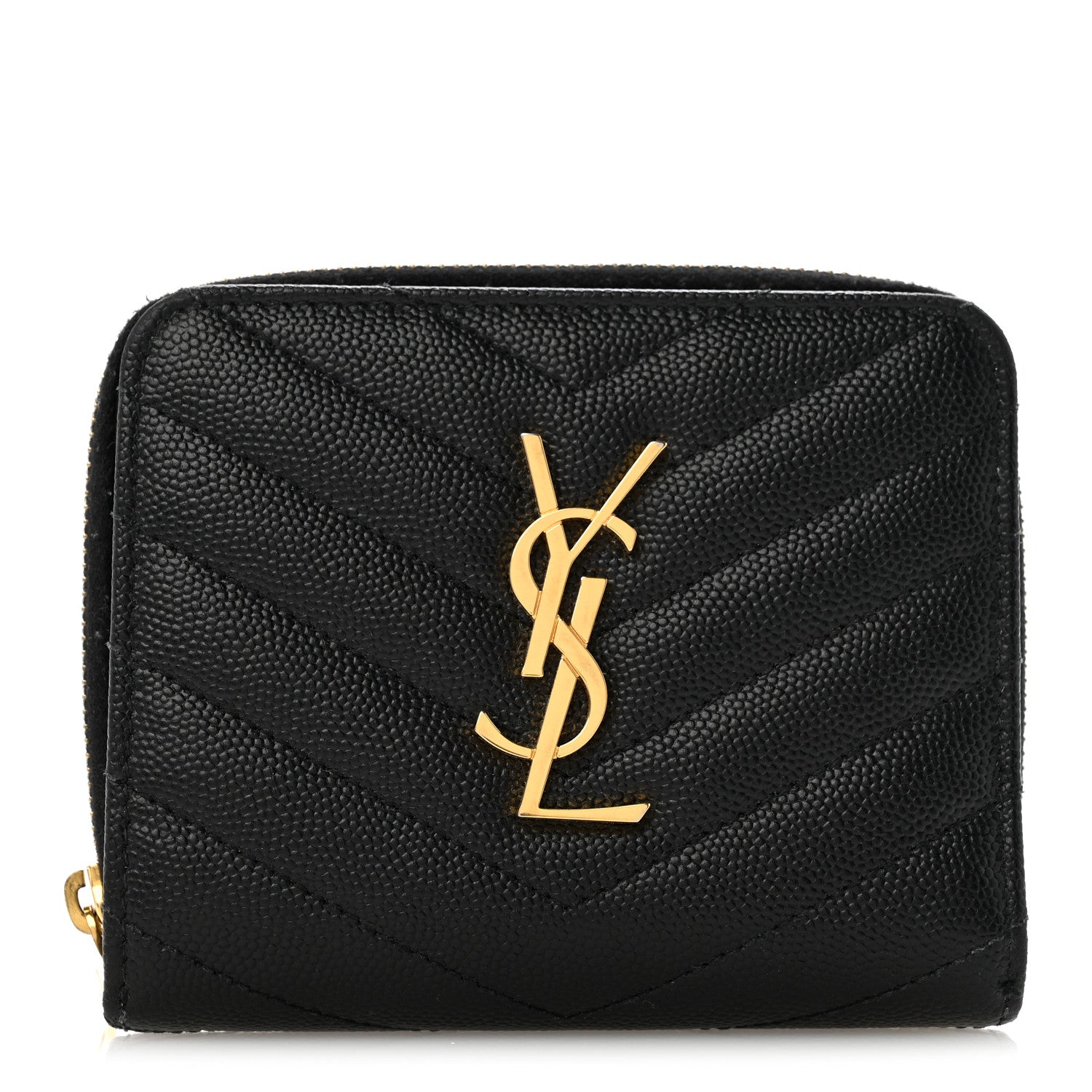 Saint Laurent Grain De Poudre Matelasse Chevron Monogram Compact Zip Around Wallet Black 1 of 10