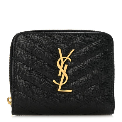 Saint Laurent Grain De Poudre Matelasse Chevron Monogram Compact Zip Around Wallet Black 1 of 10