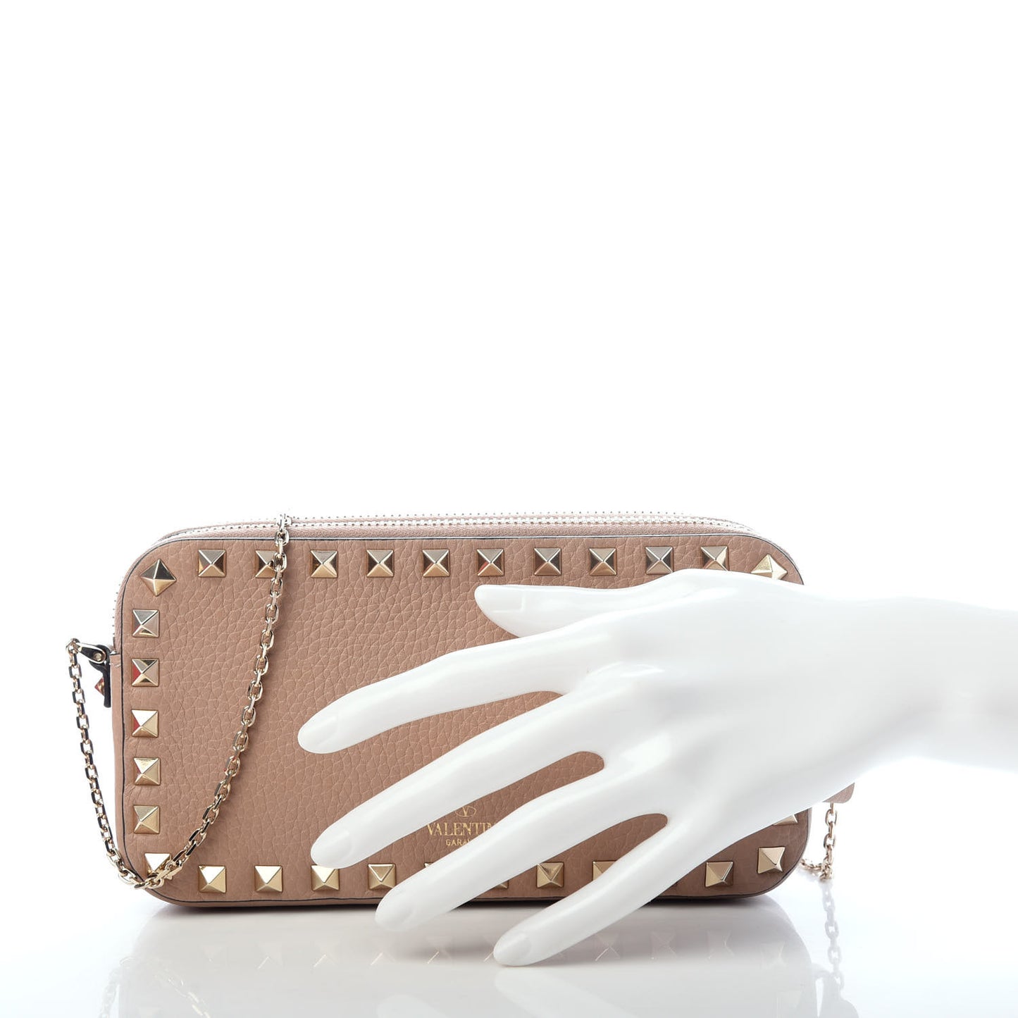 Pebbled Calfskin Rockstud Double Zip Camera Crossbody Bag Poudre