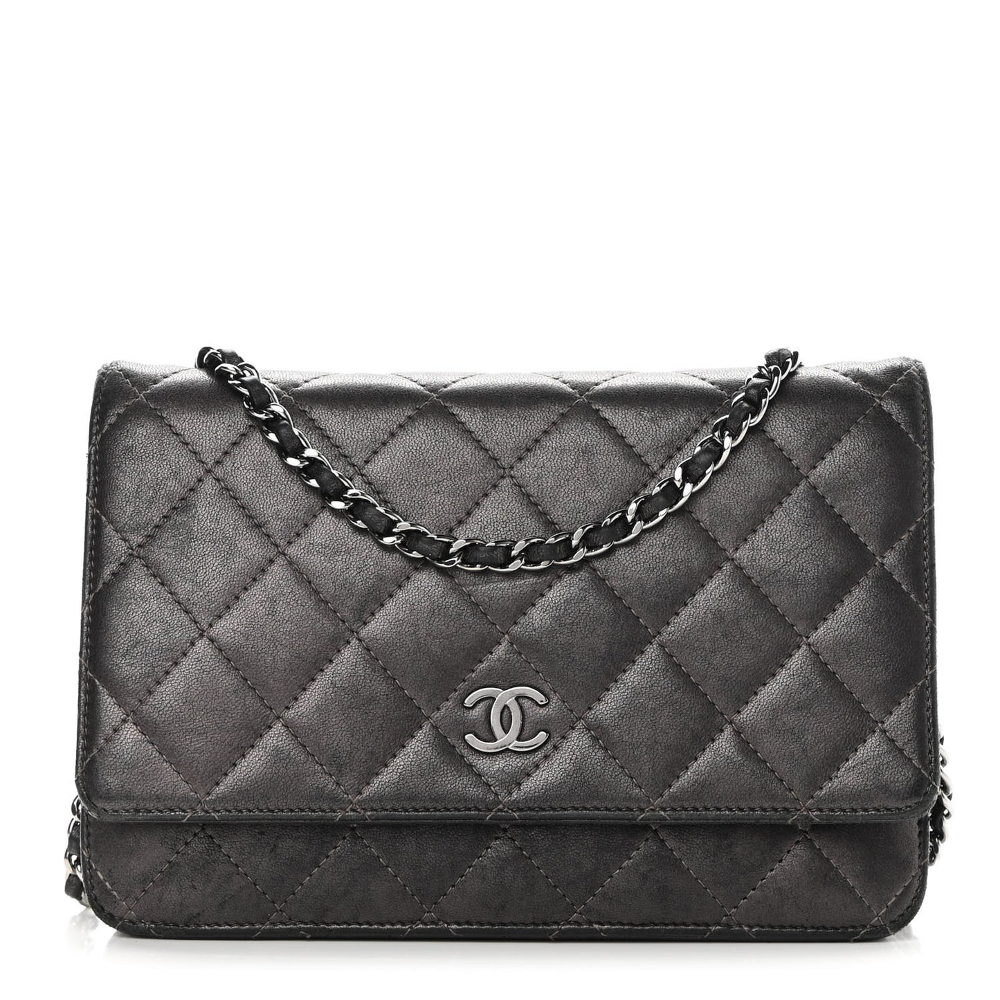 Metallic Lambskin Quilted Wallet On Chain WOC Dark Grey