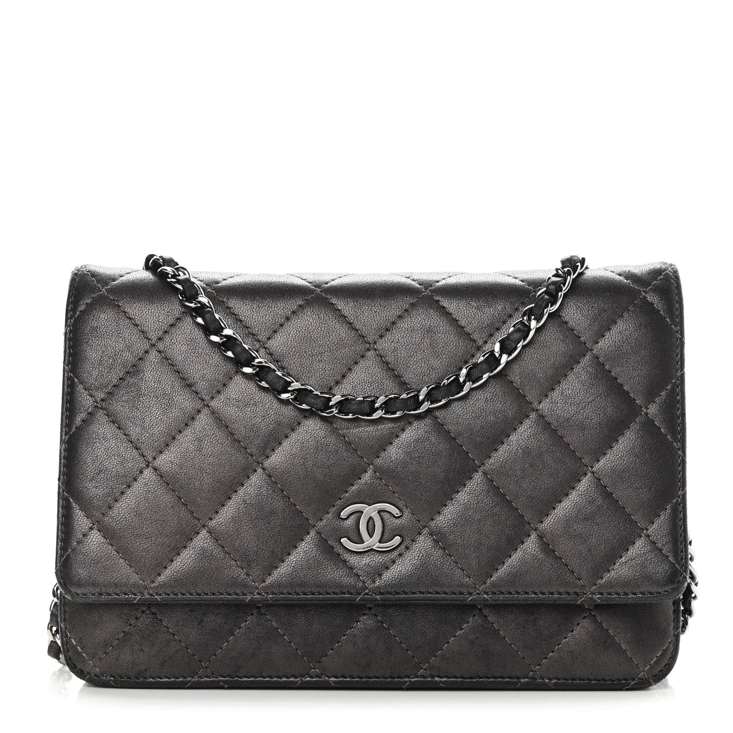Chanel Metallic Lambskin Quilted Wallet On Chain WOC Dark Grey 1 of 17