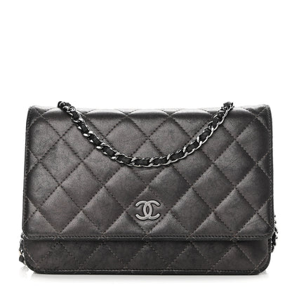 Chanel Metallic Lambskin Quilted Wallet On Chain WOC Dark Grey 1 of 17