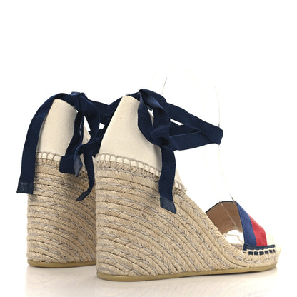 Gucci Canvas Sylvie Web Ankle Wrap Espadrille Wedge Sandals 39.5 Mystic White Hibiscus Red Maritime 5 of 9
