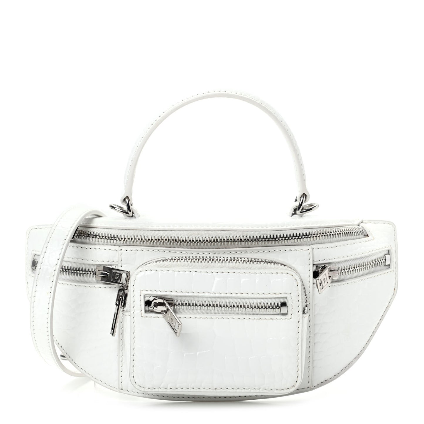 Crocodile Embossed Patent Mini Top Handle Attica Belt Bag White